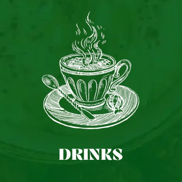 White line art illustration of a steaming cup of tea on a saucer with a spoon, on a green background.