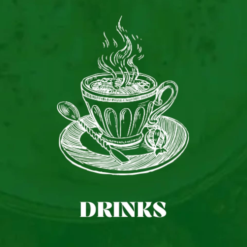 White line art illustration of a steaming cup of tea on a saucer with a spoon, on a green background.