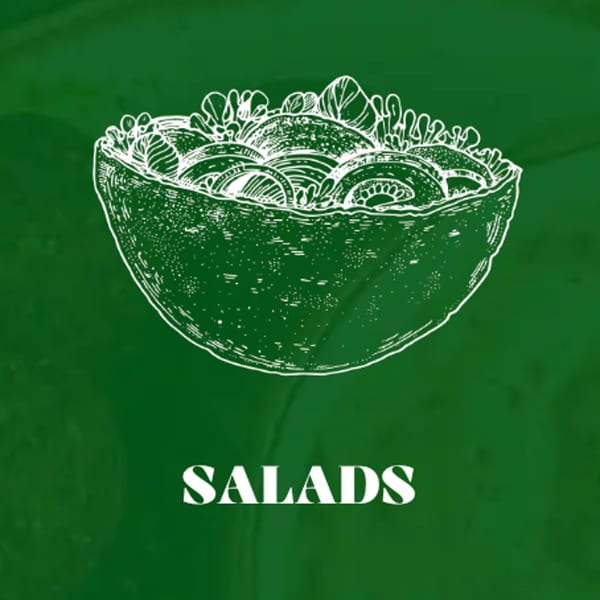 White line art drawing of a salad bowl on a dark green background with the word "SALADS".