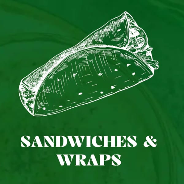 Chalk drawing of a Mediterranean wrap on a green background with "Sandwiches & Wraps" text.