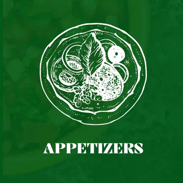 White line art drawing of a Mediterranean appetizer plate with greens and a round dish on a green background.
