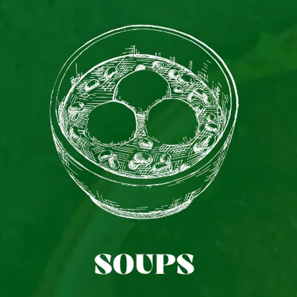 White line drawing of a bowl of soup with three large dumplings and smaller pieces on a green background.