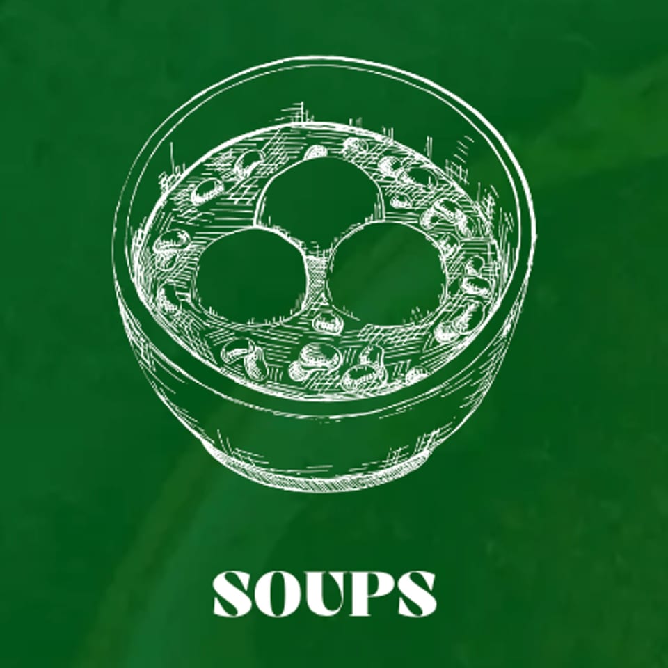 White line drawing of a bowl of soup with three large dumplings and smaller pieces on a green background.