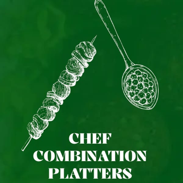 White line art of a shish kebab and a spoon with chickpeas on a green background.