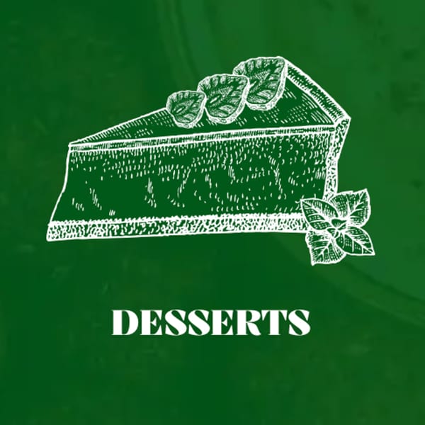White line art drawing of a slice of cake with mint leaves on a dark green background.